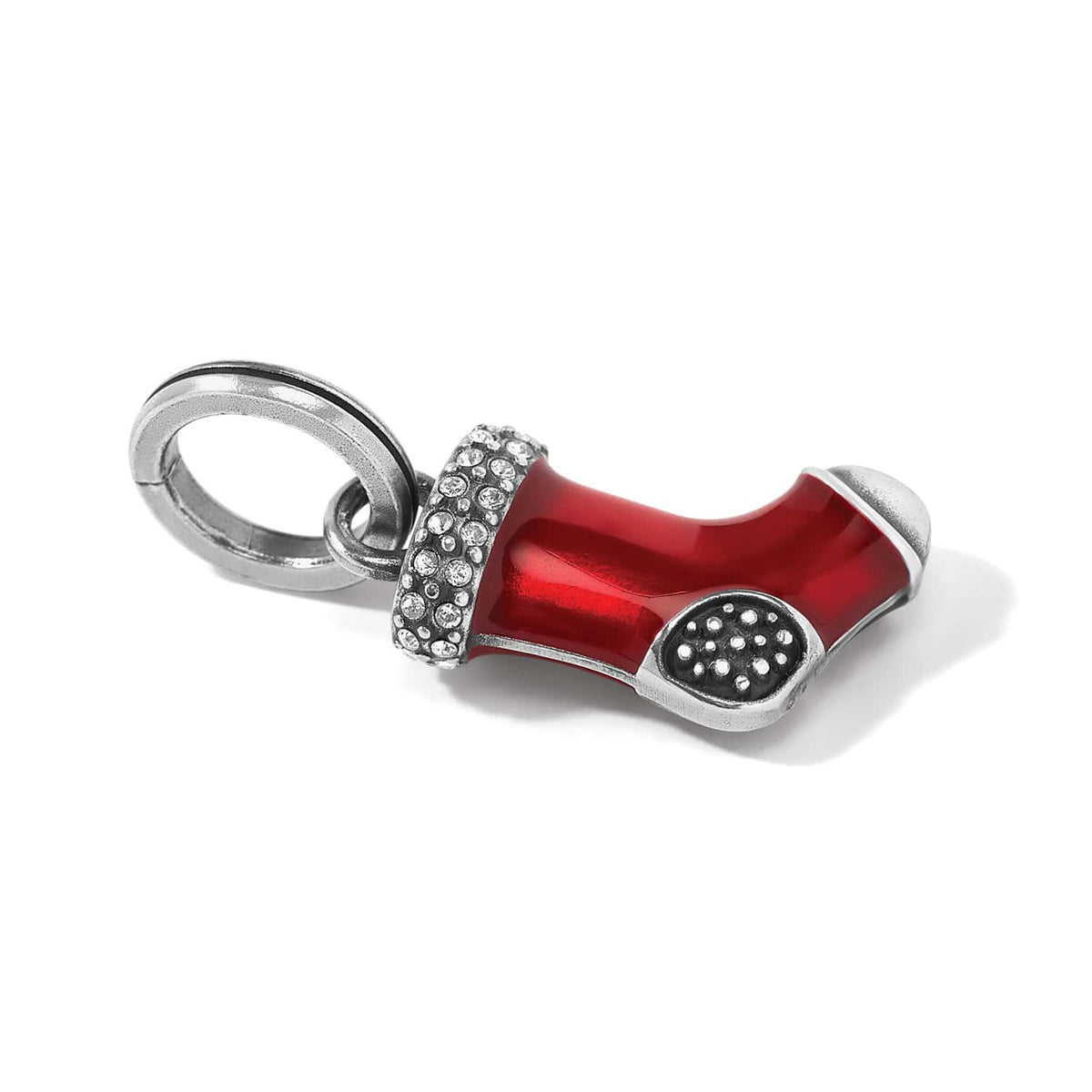 Brighton charm with red enamel stocking design, silver-plated accents, and crystal-set cuff on a white background