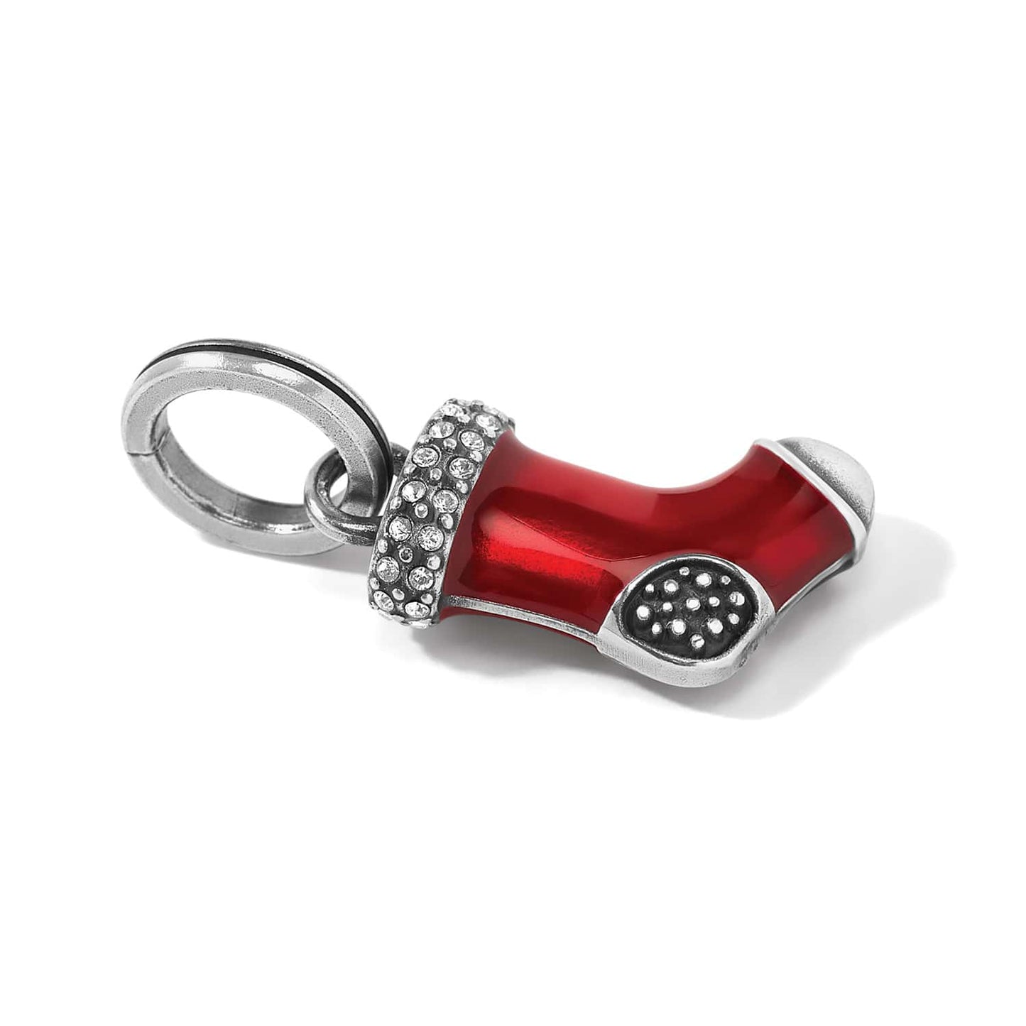 Brighton charm with red enamel stocking design, silver-plated accents, and crystal-set cuff on a white background