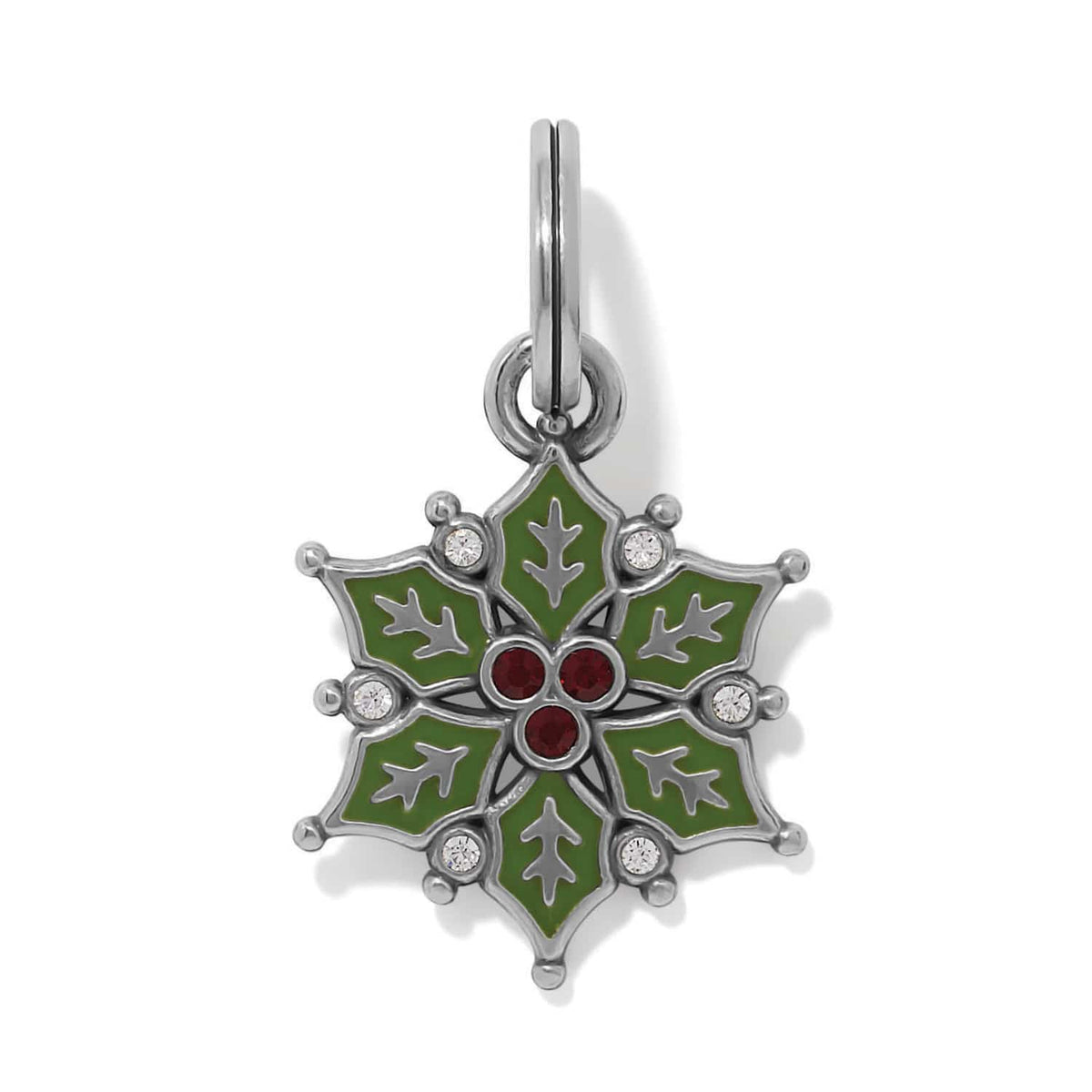 Brighton snowflake charm with green enamel, red and clear crystals, and silver-plated finish on a white background