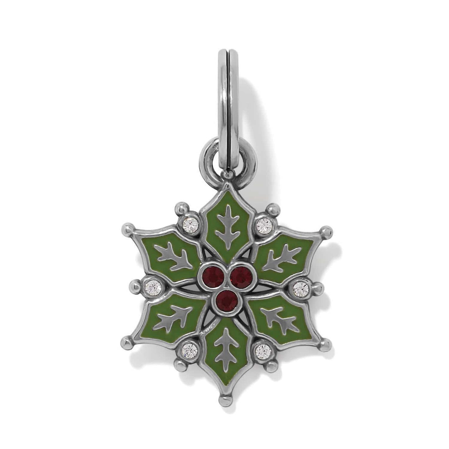 Brighton snowflake charm with green enamel, red and clear crystals, and silver-plated finish on a white background