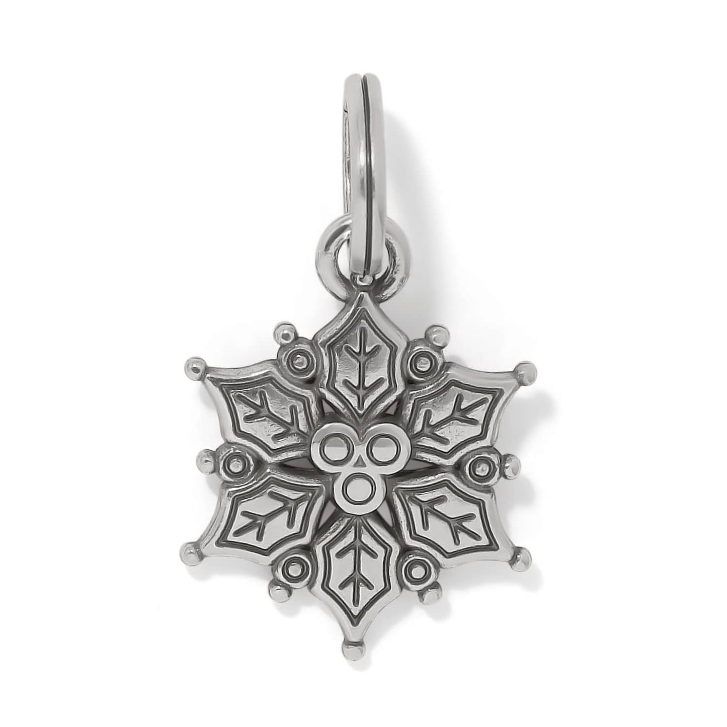 Brighton snowflake charm with silver-plated finish and engraved geometric details on a white background