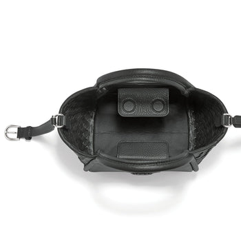 Brighton black woven leather handbag interior view with snap closure pocket and adjustable strap on a white background