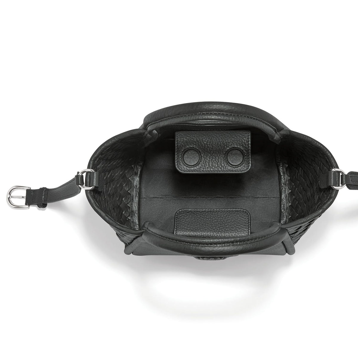 Brighton black woven leather handbag interior view with snap closure pocket and adjustable strap on a white background