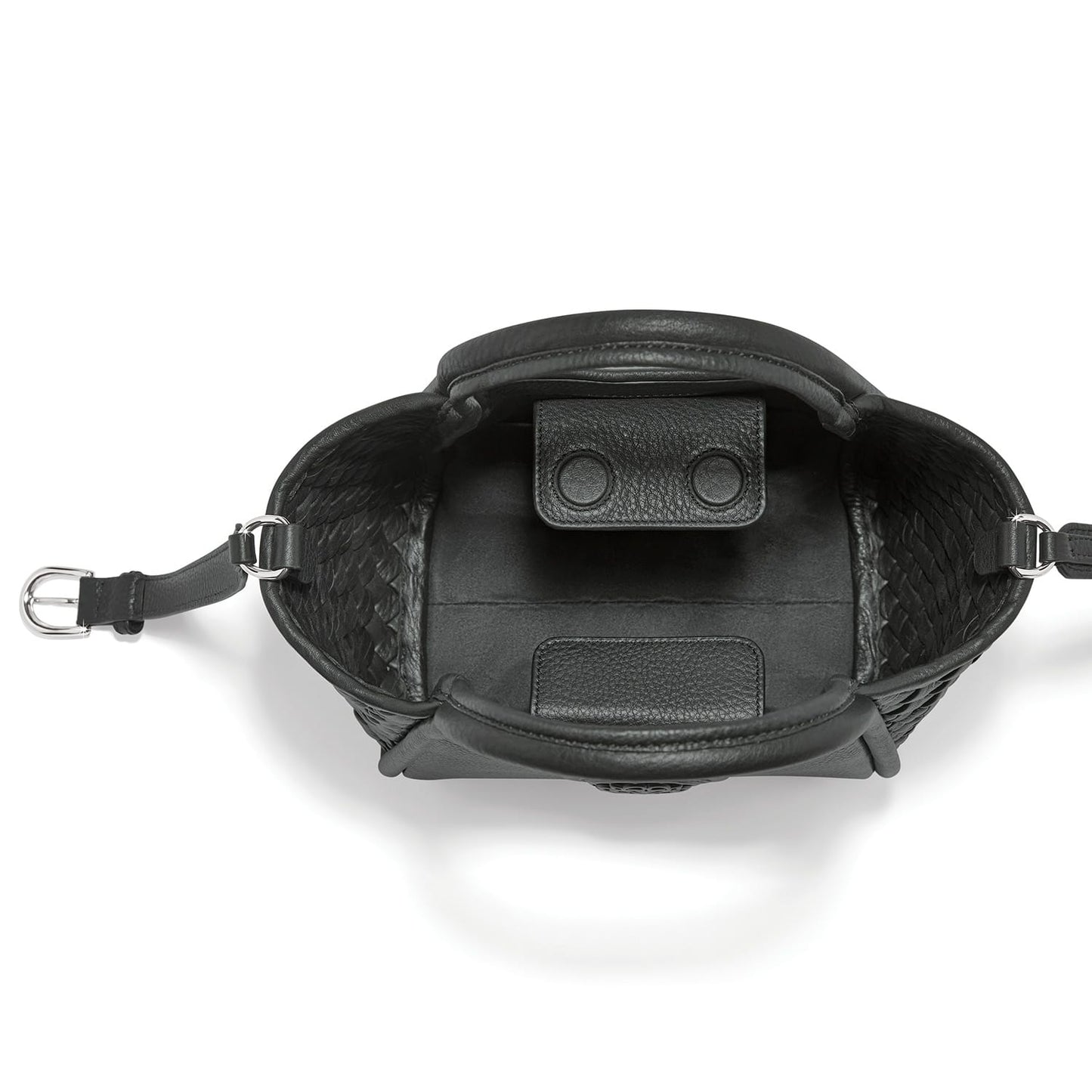 Brighton black woven leather handbag interior view with snap closure pocket and adjustable strap on a white background