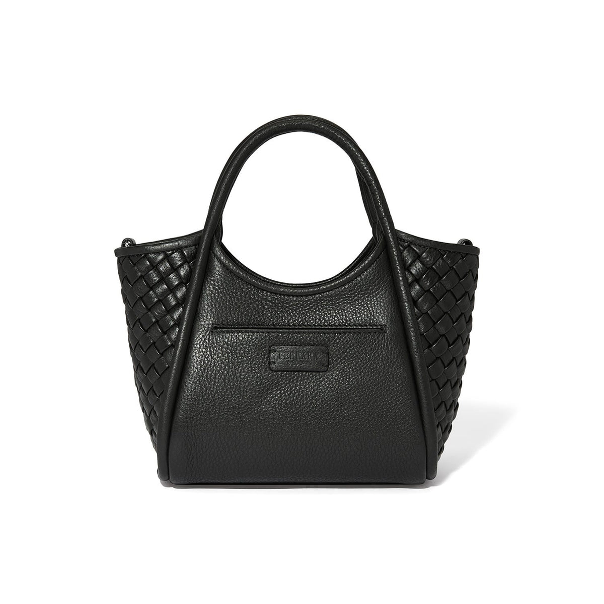 Brighton black leather handbag with woven side panels, dual top handles, and front logo patch on a white background