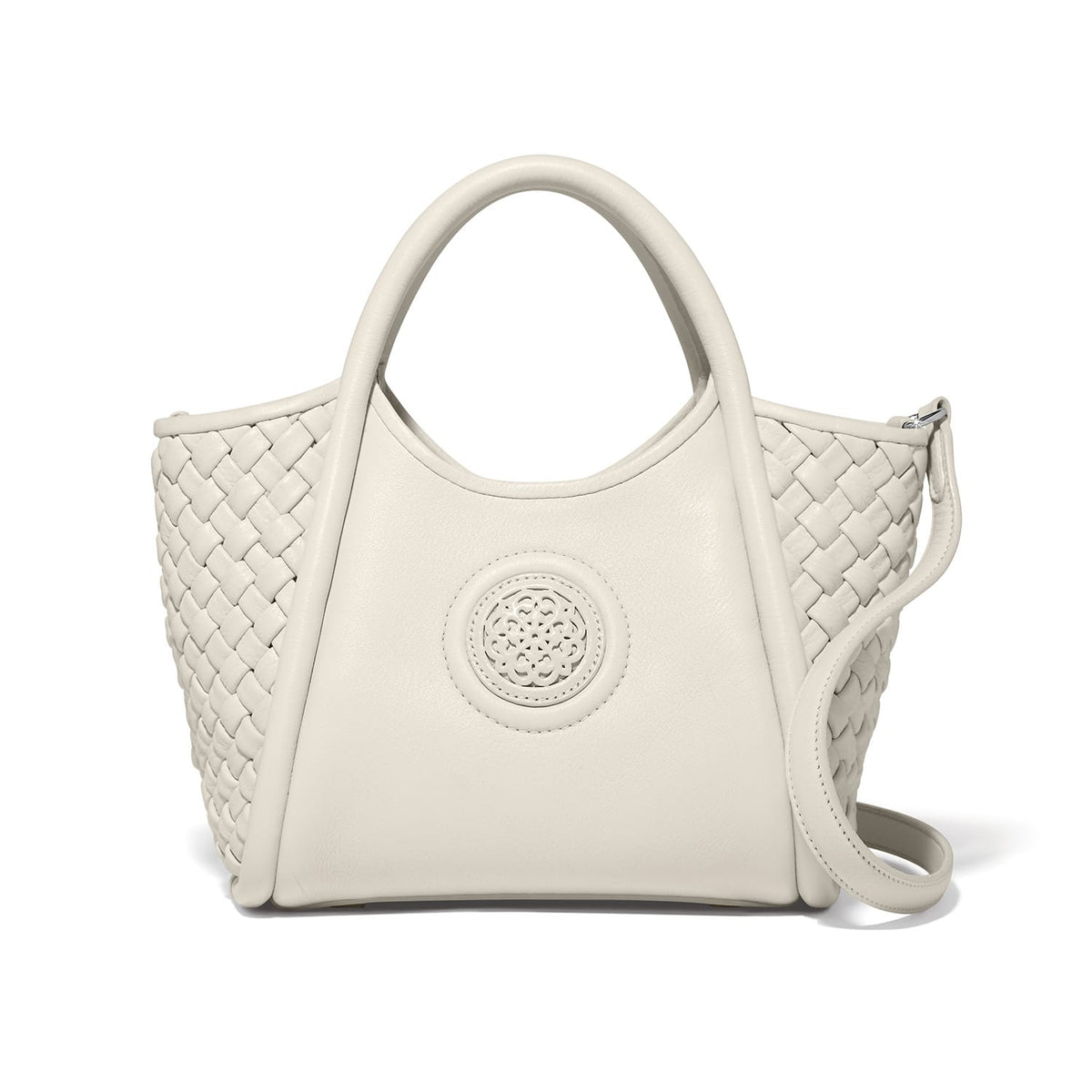 Brighton handbag in cream leather with woven side panels, dual handles, and circular medallion accent on a white background