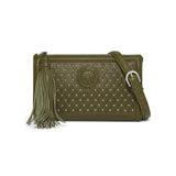 Brighton olive green crossbody handbag with silver-tone studs, embossed medallion, leather tassel, and adjustable strap on a white background