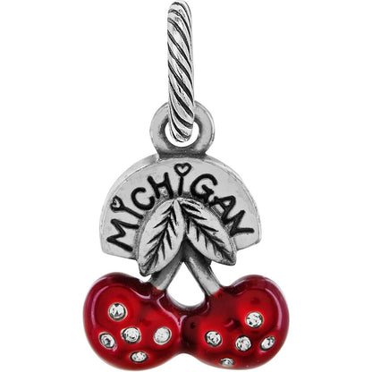 Brighton cherry charm with red enamel, crystal accents, silver-plated leaves, and Michigan engraving on a white background
