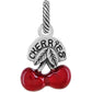 Brighton cherry charm with red enamel cherries, silver-plated leaves, and engraved Cherries banner on a white background