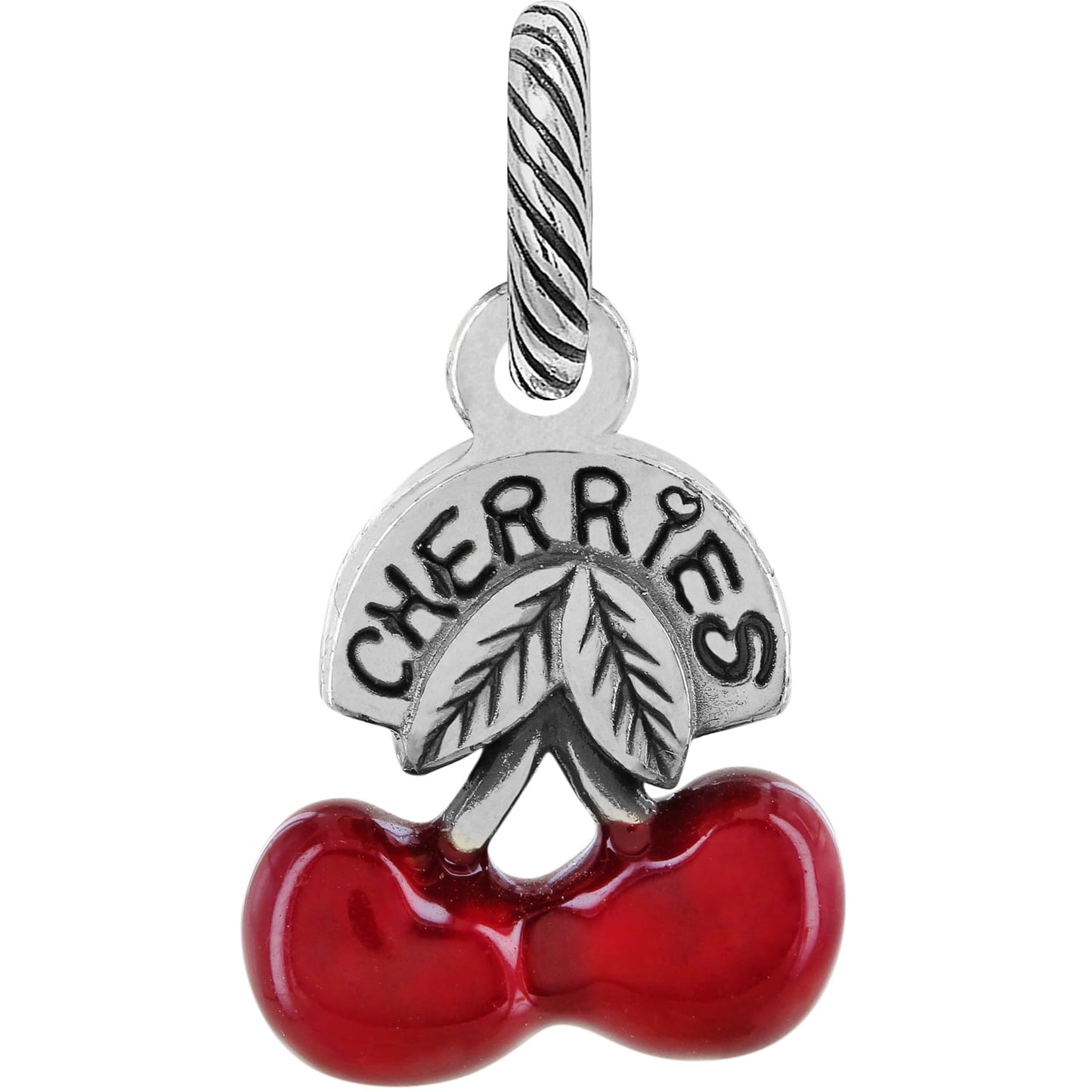 Brighton cherry charm with red enamel cherries, silver-plated leaves, and engraved Cherries banner on a white background