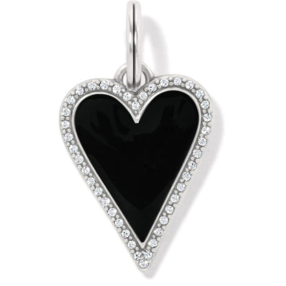 Brighton heart pendant charm with black enamel center and silver-plated crystal-lined border on a white background