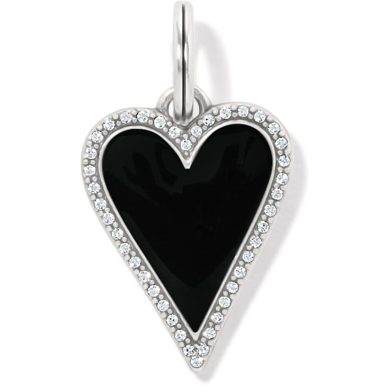 Brighton heart pendant charm with black enamel center and silver-plated crystal-lined border on a white background