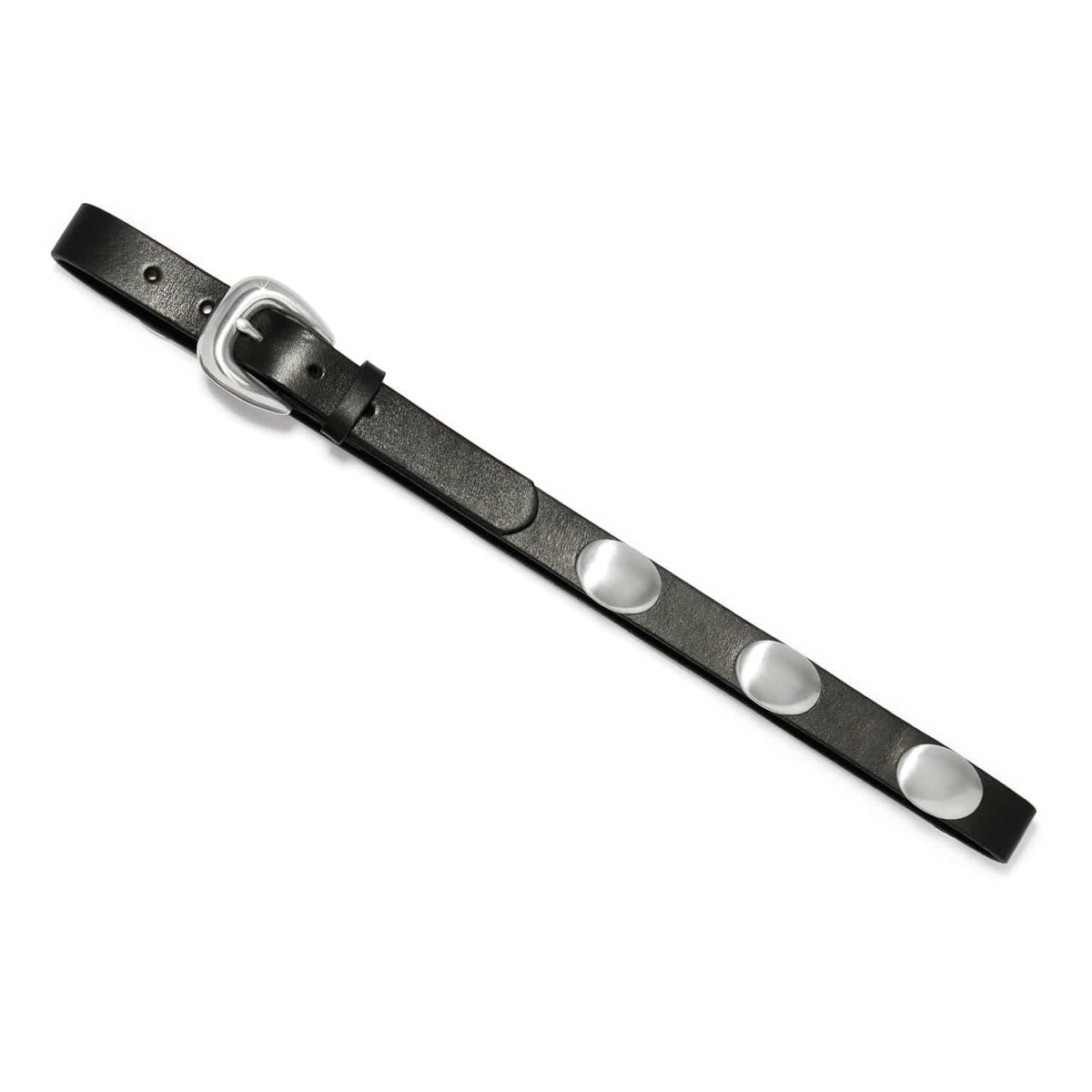 Brighton black leather belt with silver-tone buckle and three round silver-tone studs on a white background