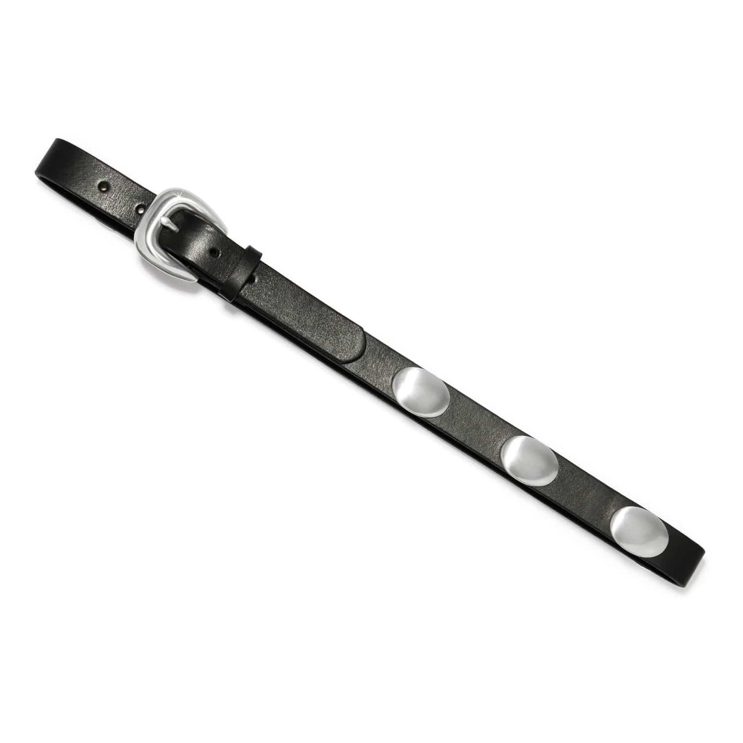 Brighton black leather belt with silver-tone buckle and three round silver-tone studs on a white background