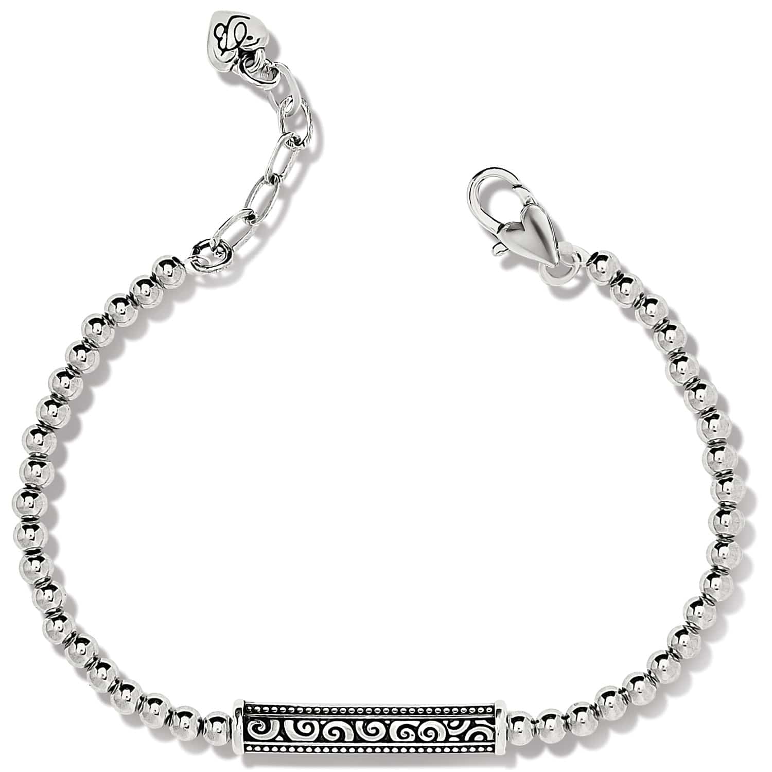 Brighton beaded bracelet with silver-plated round beads and engraved scroll bar station with lobster clasp on a white background
