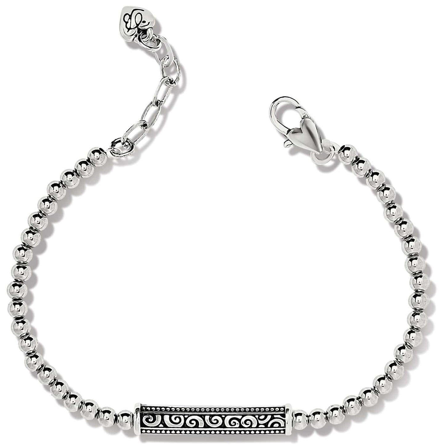 Brighton beaded bracelet with silver-plated round beads and engraved scroll bar station with lobster clasp on a white background