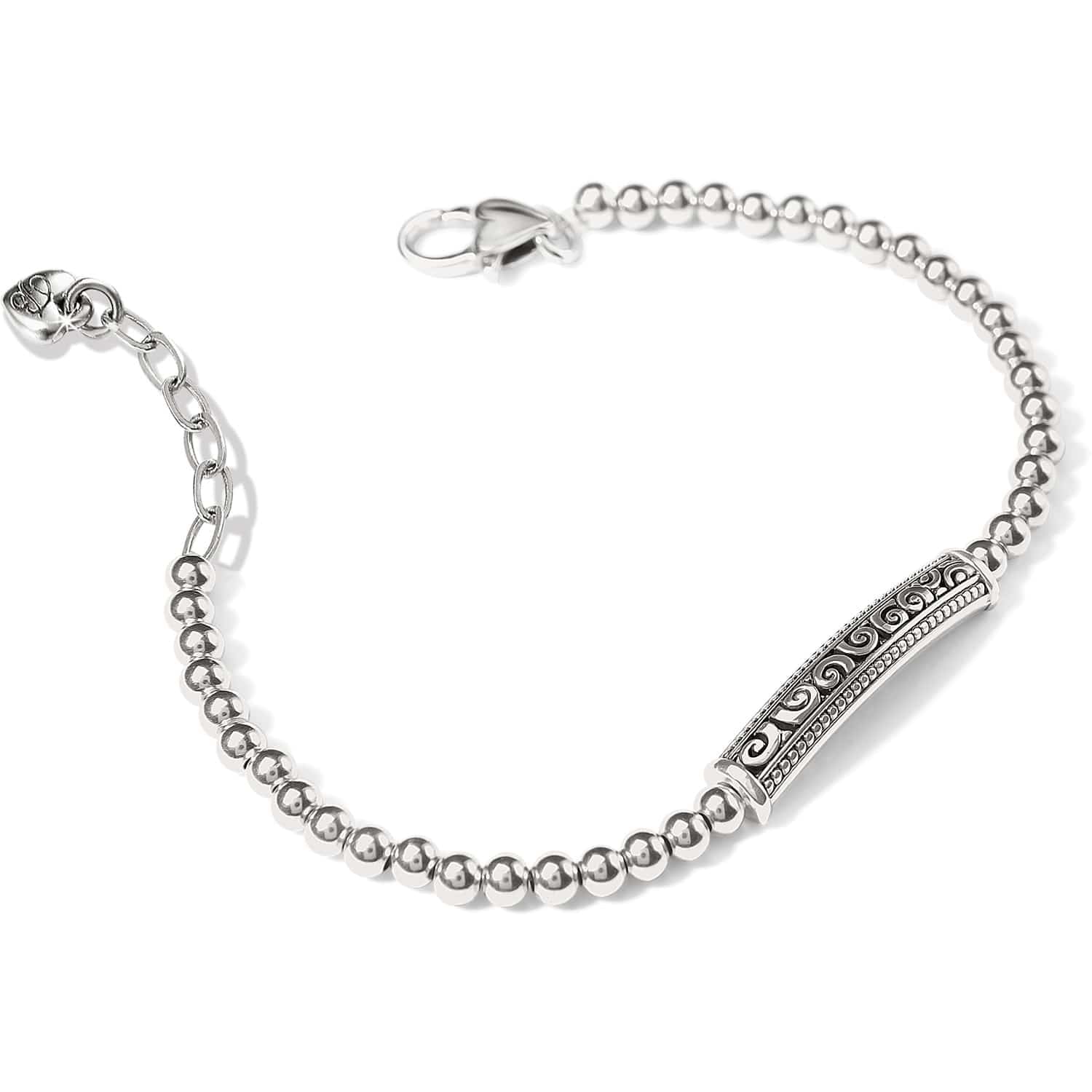 Brighton beaded bracelet with silver-plated bar station featuring scroll and dot detail with lobster clasp on a white background