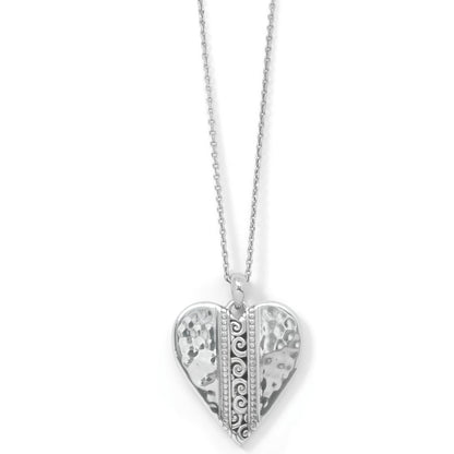 Brighton heart pendant necklace with hammered silver-plated finish and scroll detail center panel on a white background
