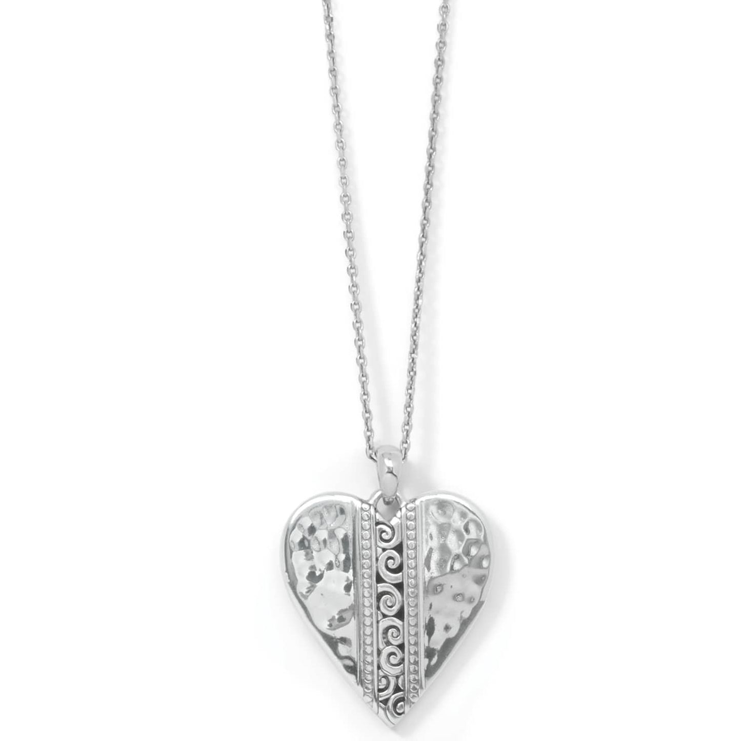 Brighton heart pendant necklace with hammered silver-plated finish and scroll detail center panel on a white background