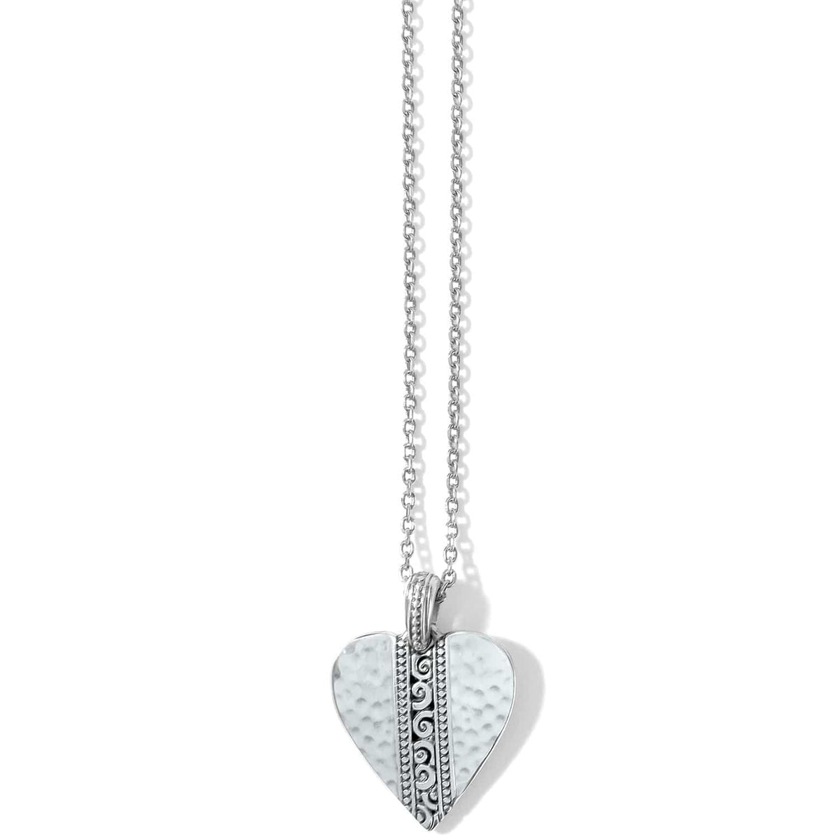 Brighton pendant necklace with hammered silver-plated heart and scroll detail on delicate chain on a white background