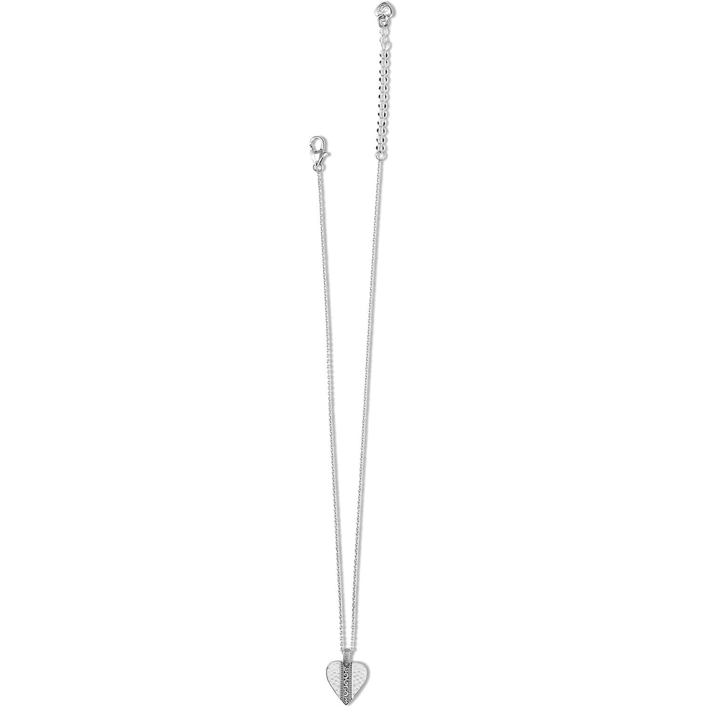 Brighton pendant necklace with silver-plated hammered heart charm and scrolled bail on a white background