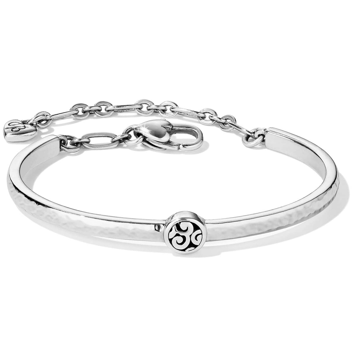 Brighton bangle bracelet with hammered silver-plated finish, scroll medallion accent, and adjustable chain closure on a white background