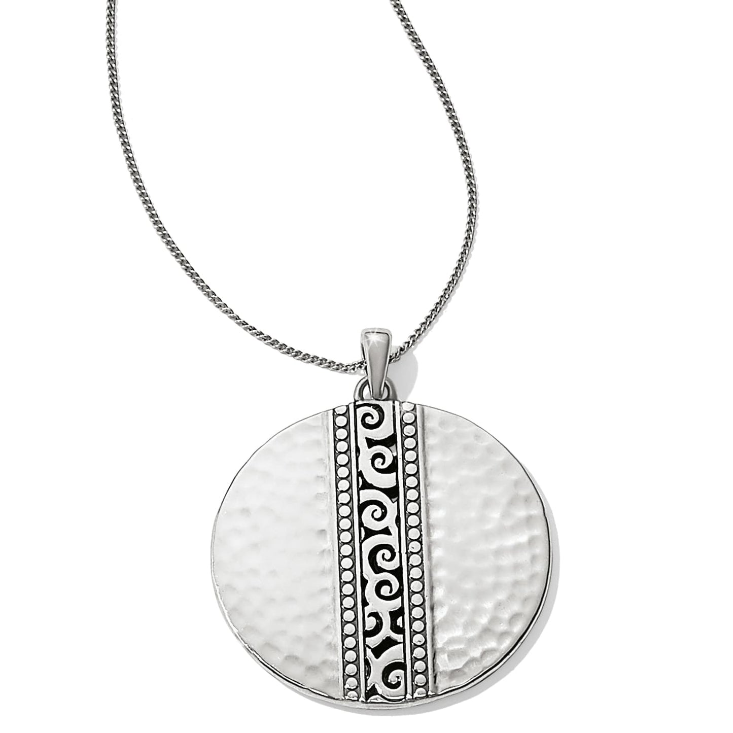 Brighton pendant necklace with hammered silver-plated disc and ornate scroll bead center band on a white background