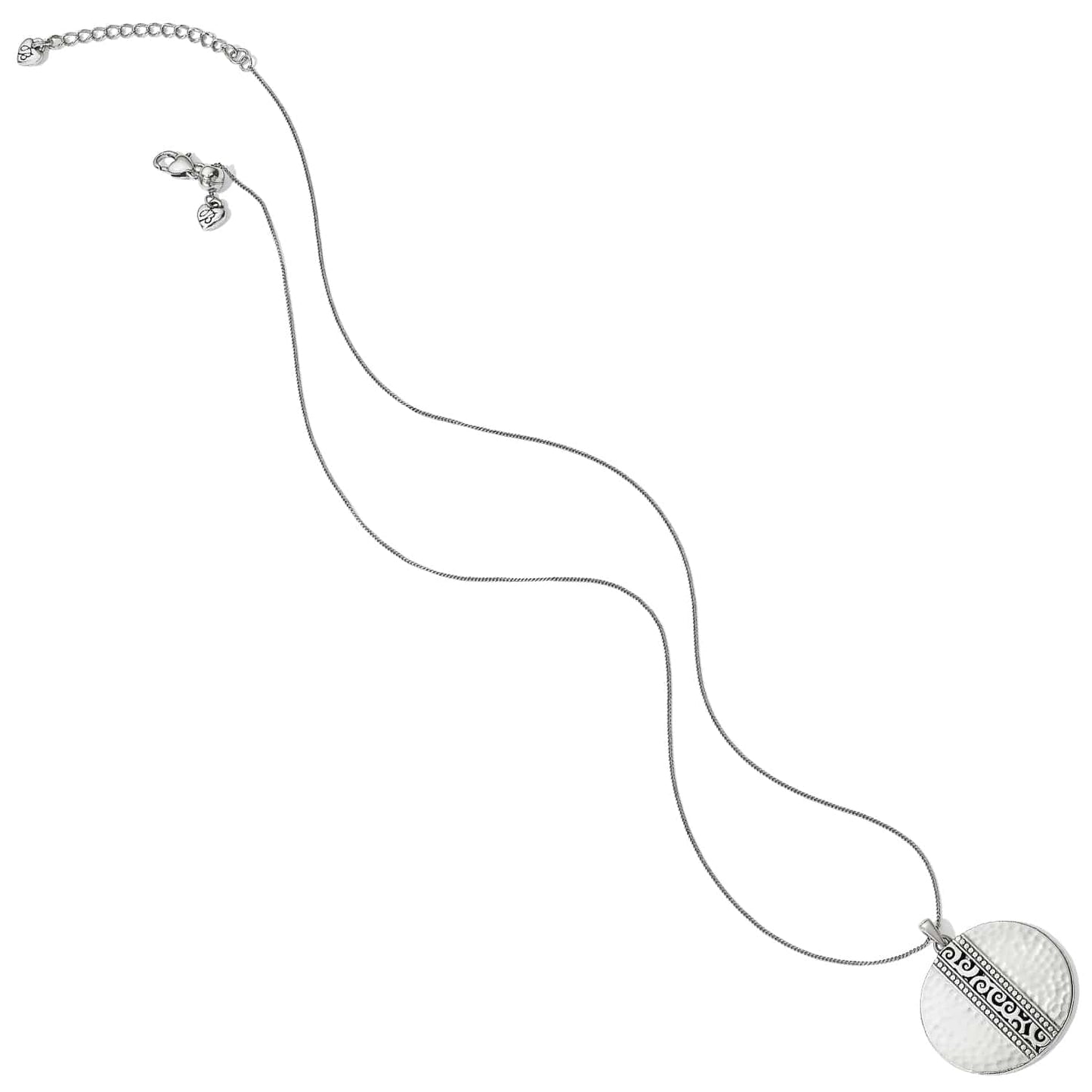 Brighton pendant necklace with silver-plated hammered disc, scroll detail, and adjustable chain on a white background