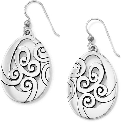 Brighton teardrop drop earrings with silver-plated swirl filigree design and French wire hooks on a white background