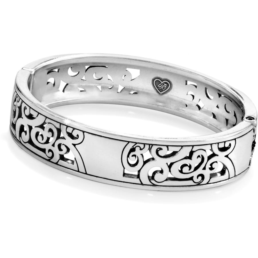 Brighton bangle bracelet with silver-plated scroll filigree cutout design and polished center band on a white background