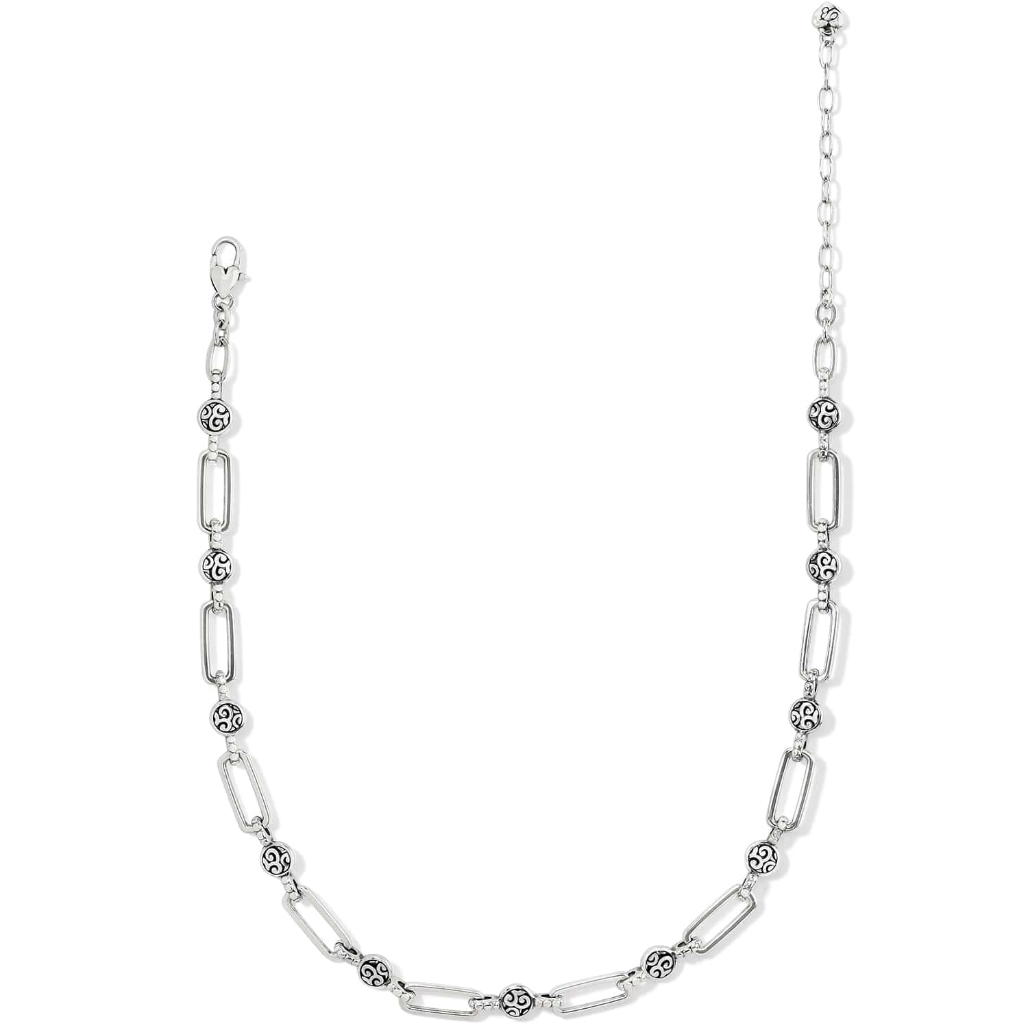 Brighton silver-plated chain necklace with elongated links and round scroll-patterned bead stations on a white background