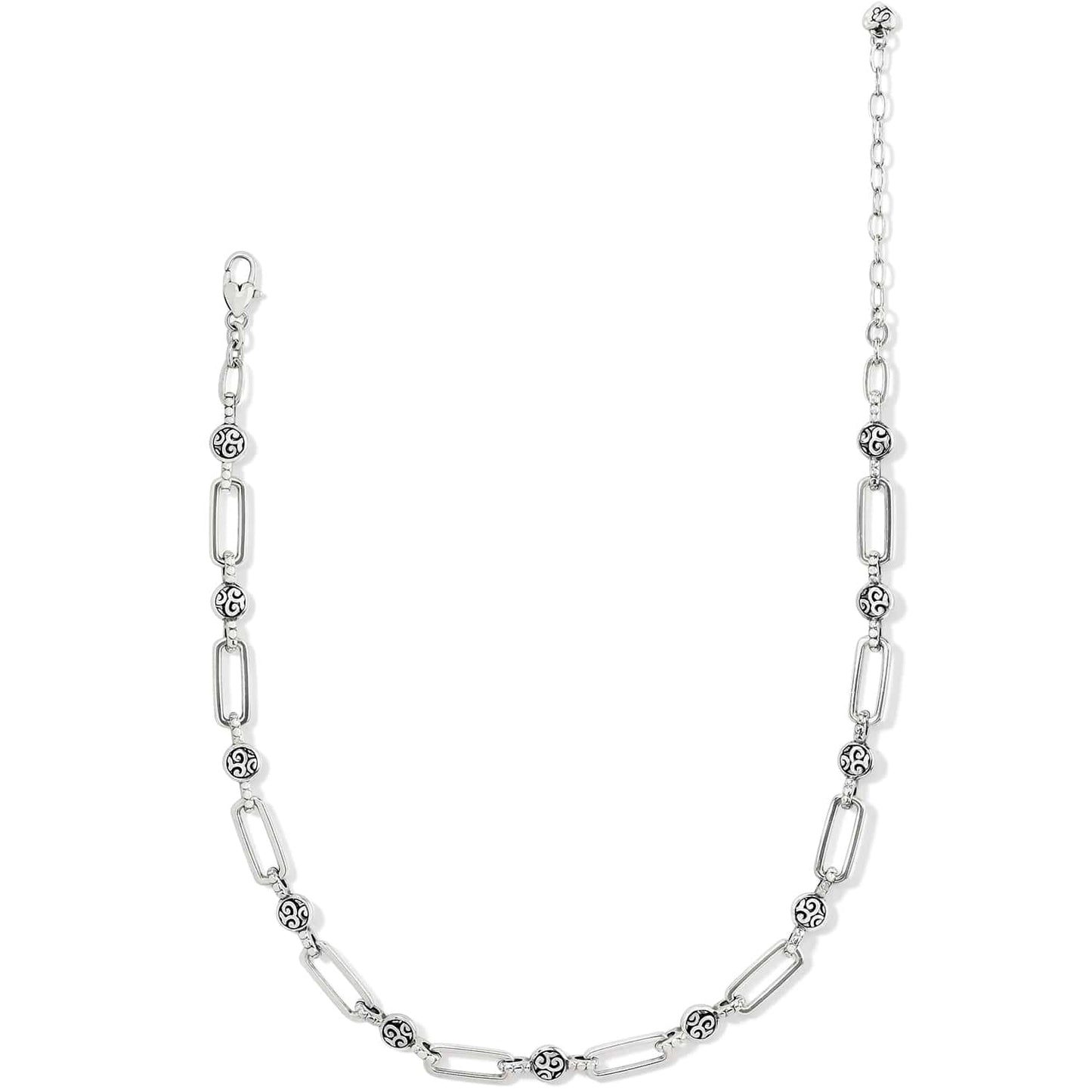 Brighton silver-plated chain necklace with elongated links and round scroll-patterned bead stations on a white background