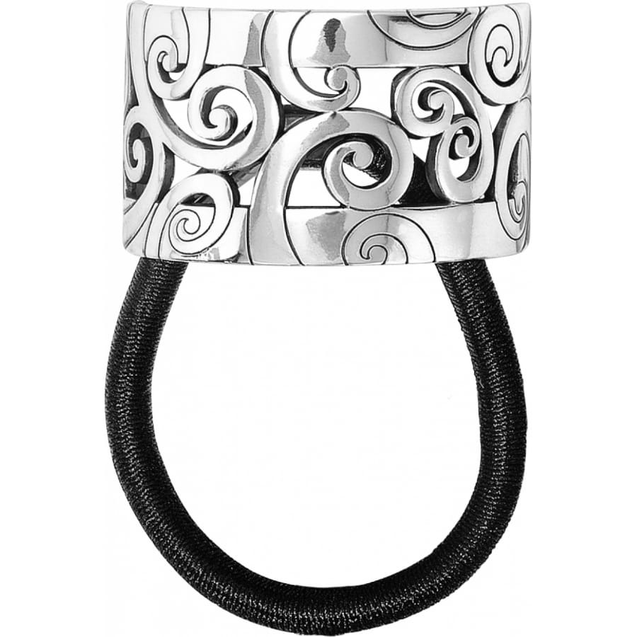 Brighton hair tie with silver-plated scroll-patterned openwork band and black elastic loop on a white background