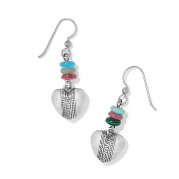 Brighton drop earrings with silver-plated hammered hearts and turquoise, pink, and green stone beads on a white background