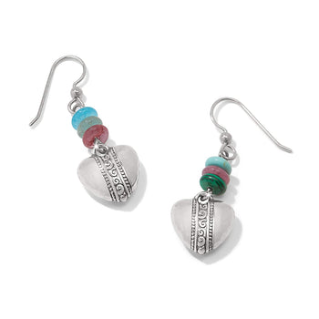 Brighton drop earrings with silver-plated hammered hearts and turquoise, fuchsia, and blue beaded accents on a white background