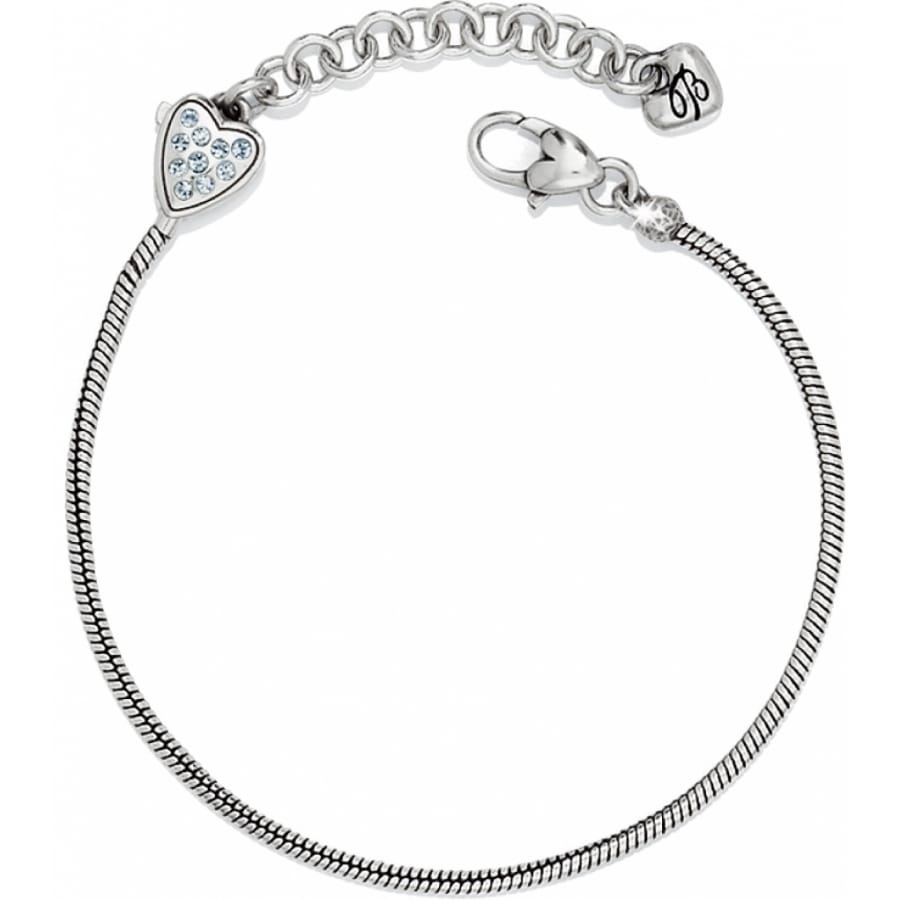 Brighton bracelet with silver-plated snake chain, crystal-set heart charm, and lobster clasp on a white background