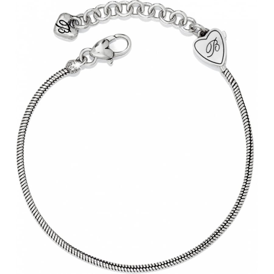 Brighton bracelet with silver-plated snake chain, lobster clasp, engraved heart charm, and crystal accent on a white background