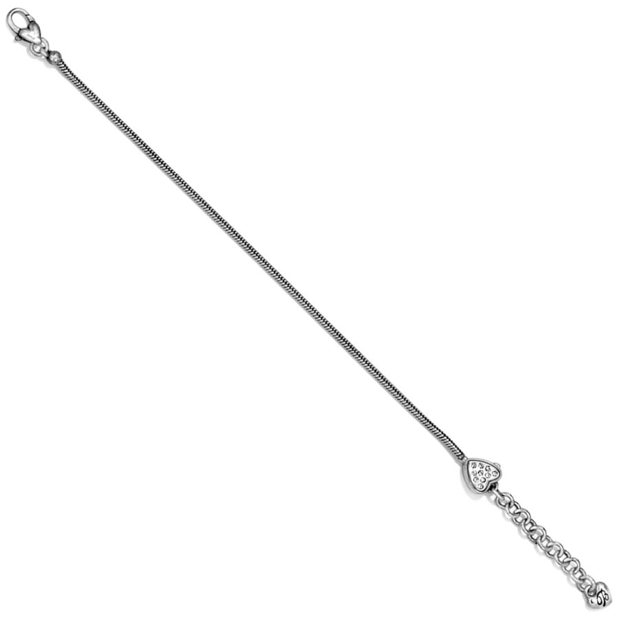 Brighton bracelet with silver-plated snake chain, crystal heart accent, and lobster clasp on a white background