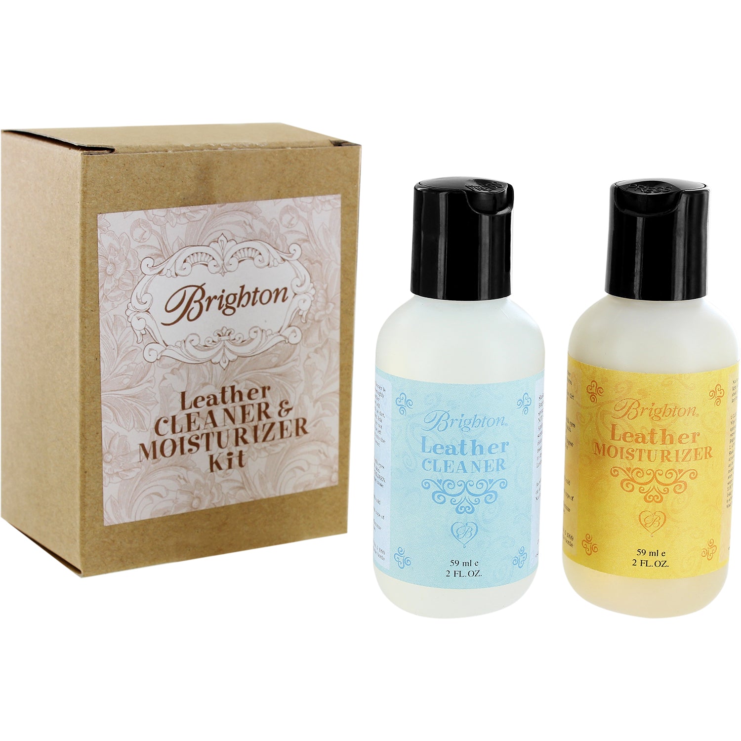 Brighton leather cleaner and moisturizer kit with two 2-ounce bottles and kraft gift box on a white background