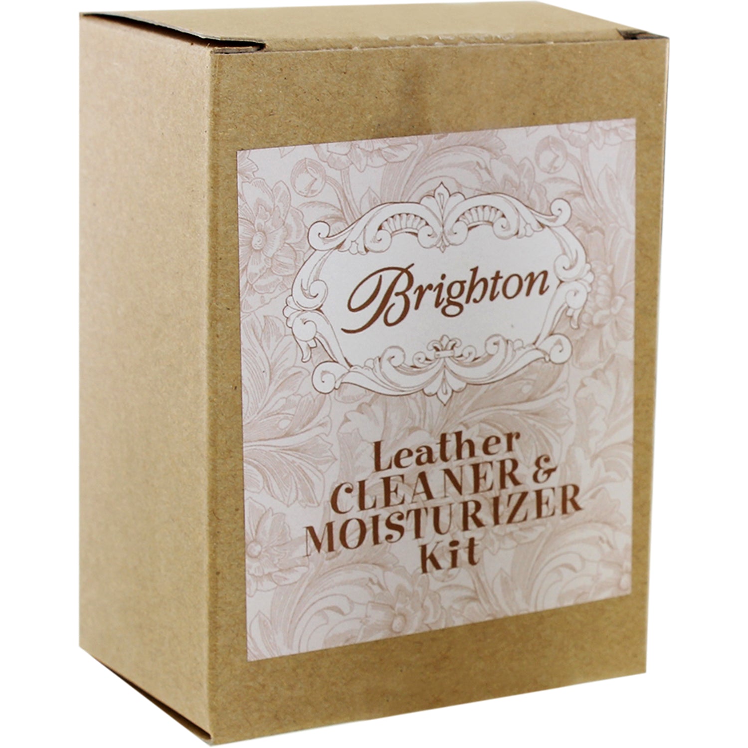 Brighton leather cleaner and moisturizer kit in kraft box with floral label and script logo on a white background