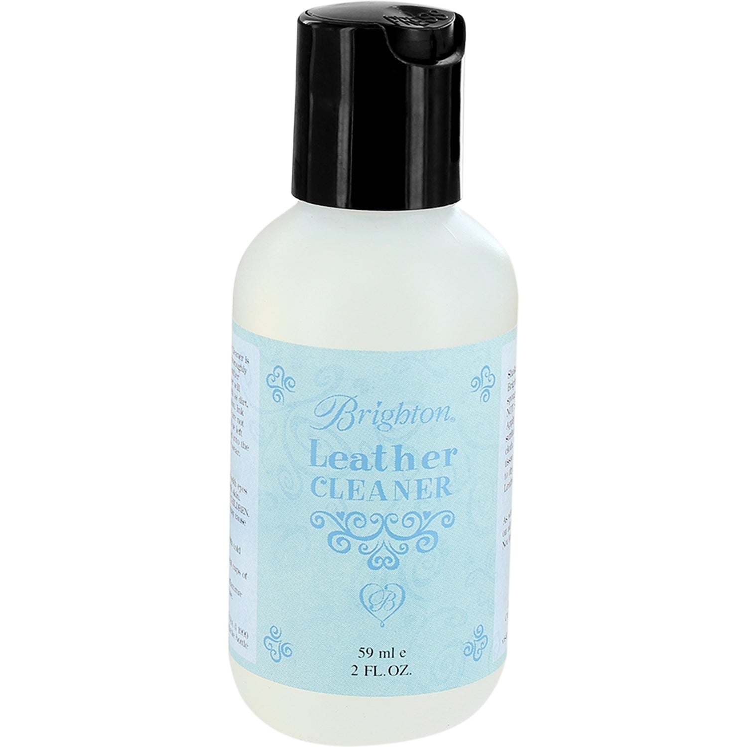 Brighton leather cleaner in a 2 fl oz bottle with black flip cap and blue decorative label on a white background
