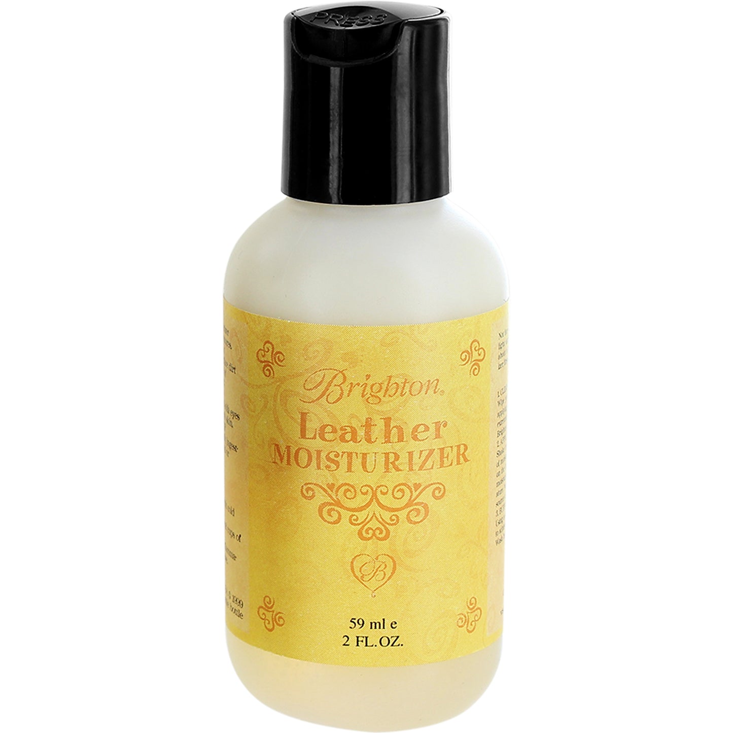 Brighton leather moisturizer bottle with yellow scroll-print label, black flip-top cap, and 2 fluid ounce size on a white background