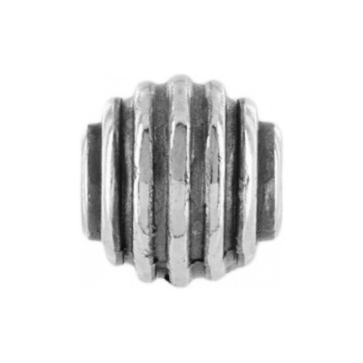 Brighton bead charm with silver-tone ribbed cylindrical design and raised vertical grooves on a white background