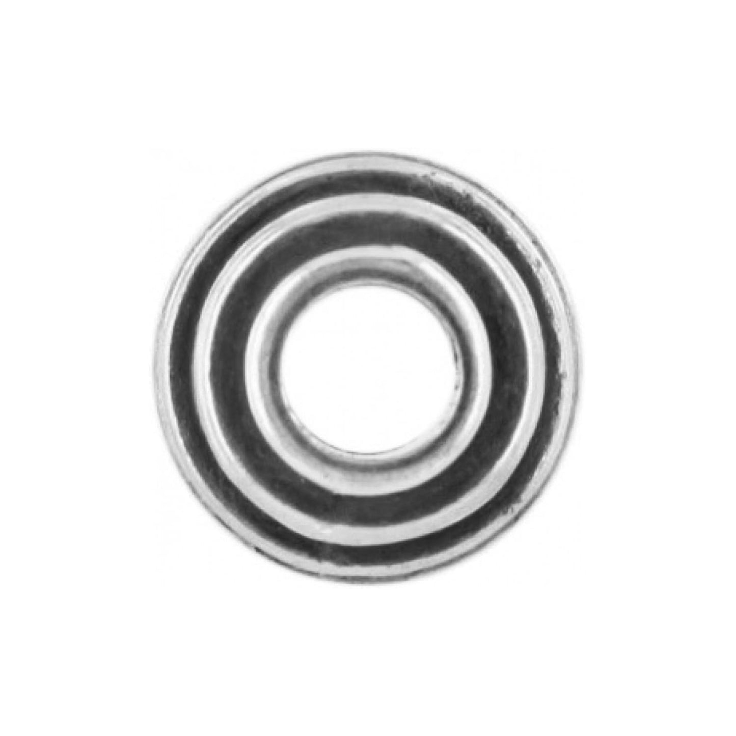 Brighton bead with concentric silver-tone ring pattern and center opening shown from above on a white background