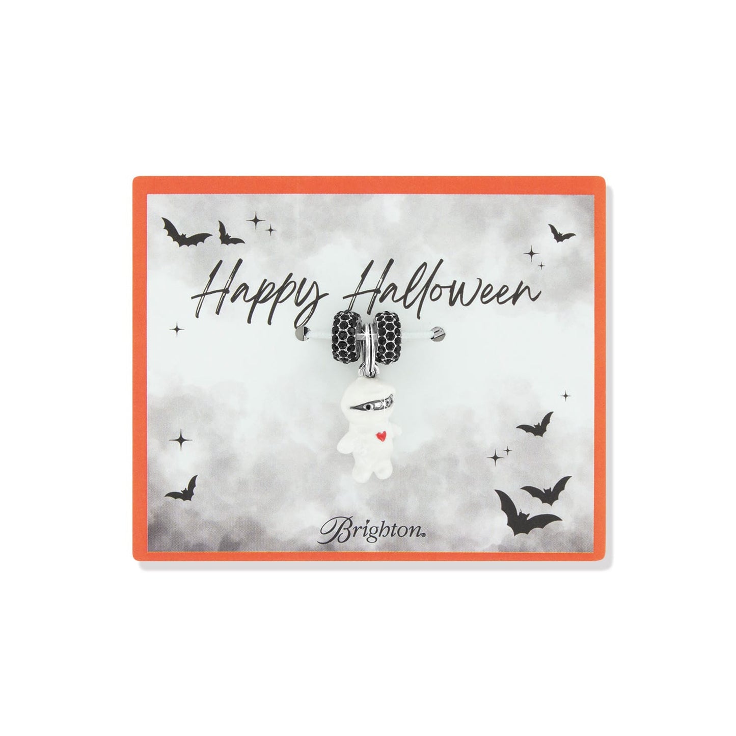 Brighton mummy charm with black crystal beads and red enamel heart on Happy Halloween card on a white background