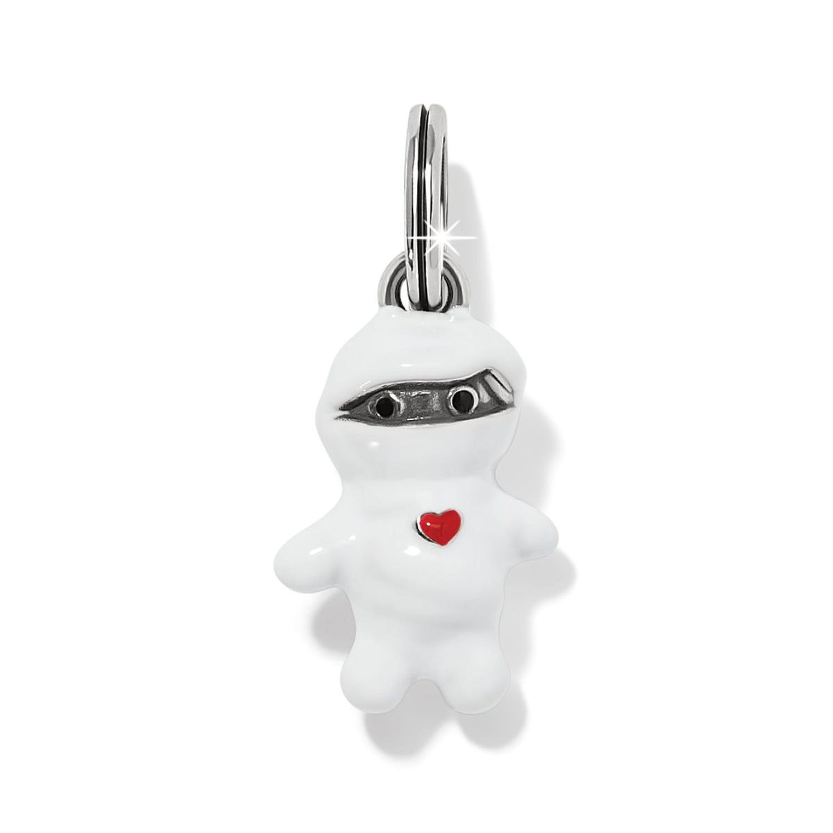 Brighton ninja charm with white enamel, silver-plated mask, crystal eyes, and red enamel heart accent on a white background