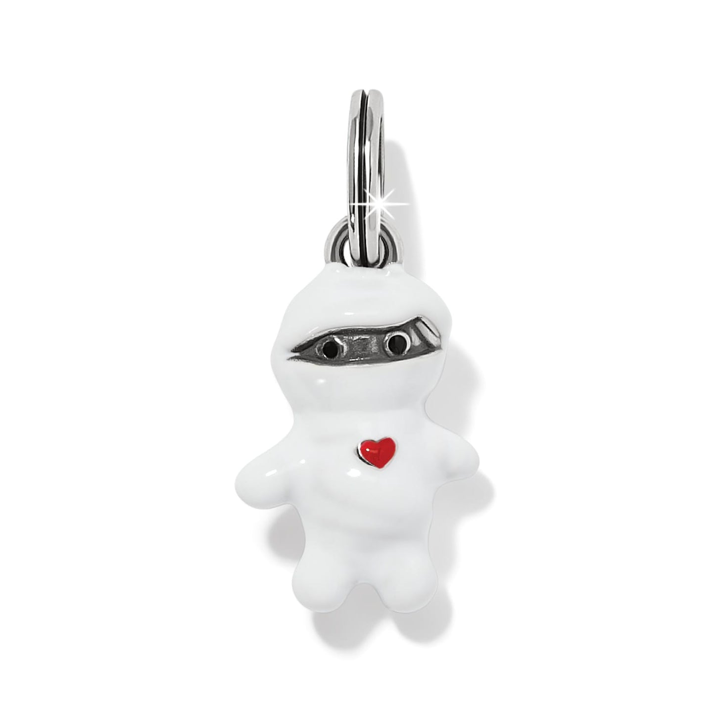 Brighton ninja charm with white enamel, silver-plated mask, crystal eyes, and red enamel heart accent on a white background