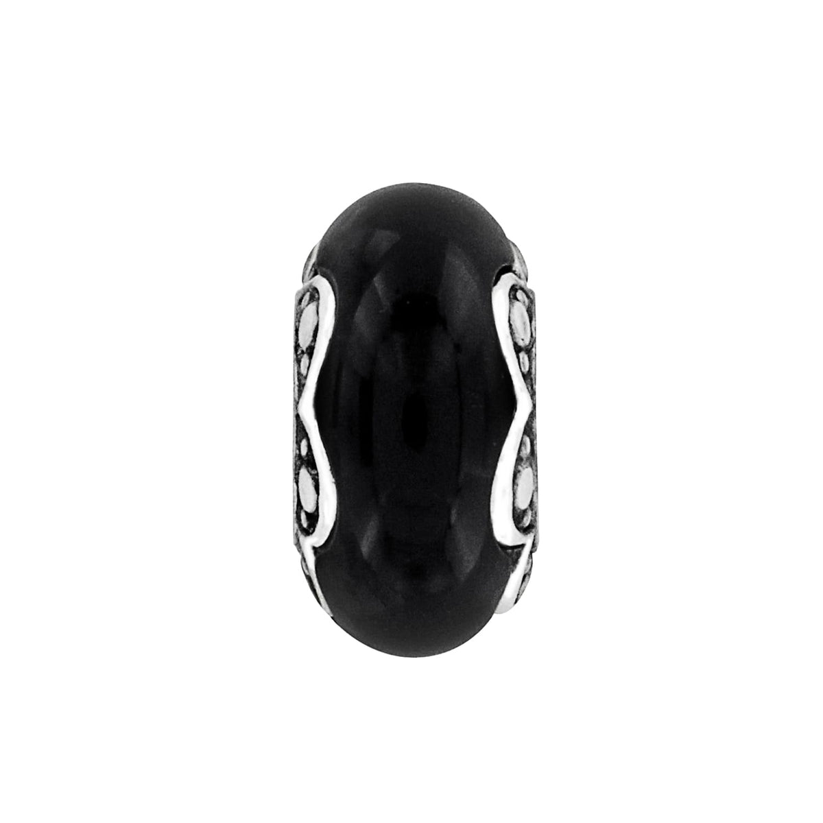 Brighton charm bead with black enamel center and silver-plated scrollwork sides featuring crystal accents on a white background