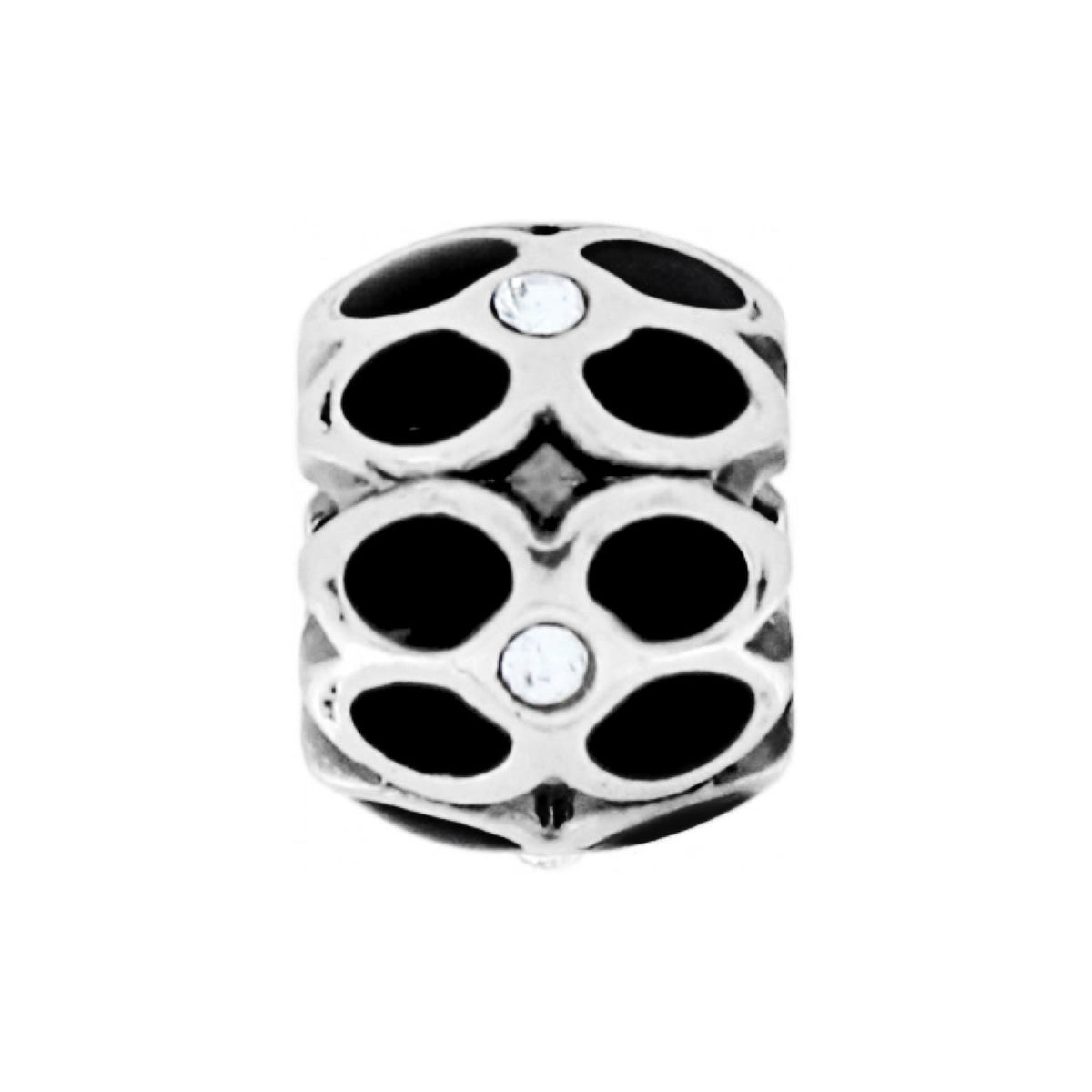 Brighton silver-plated charm bead with black enamel oval cutouts and crystal accents on a white background