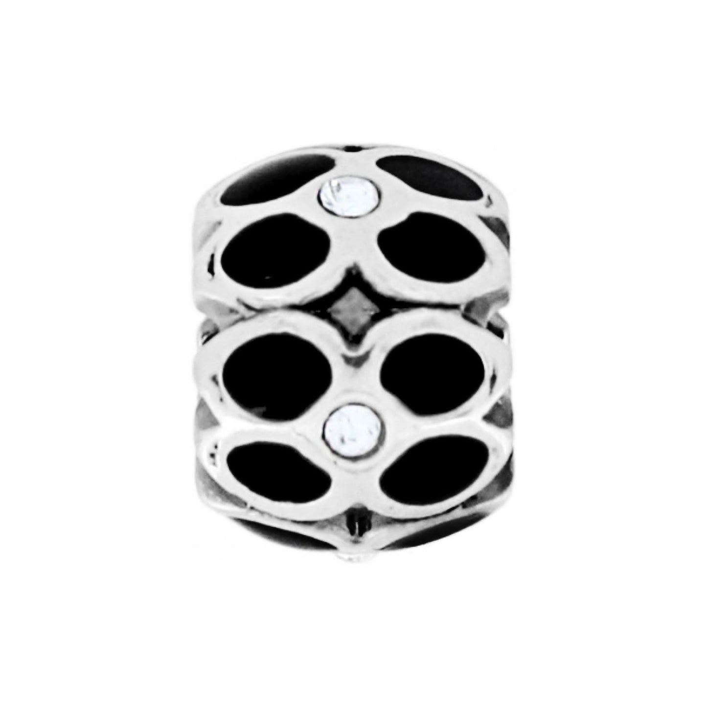 Brighton silver-plated charm bead with black enamel oval cutouts and crystal accents on a white background